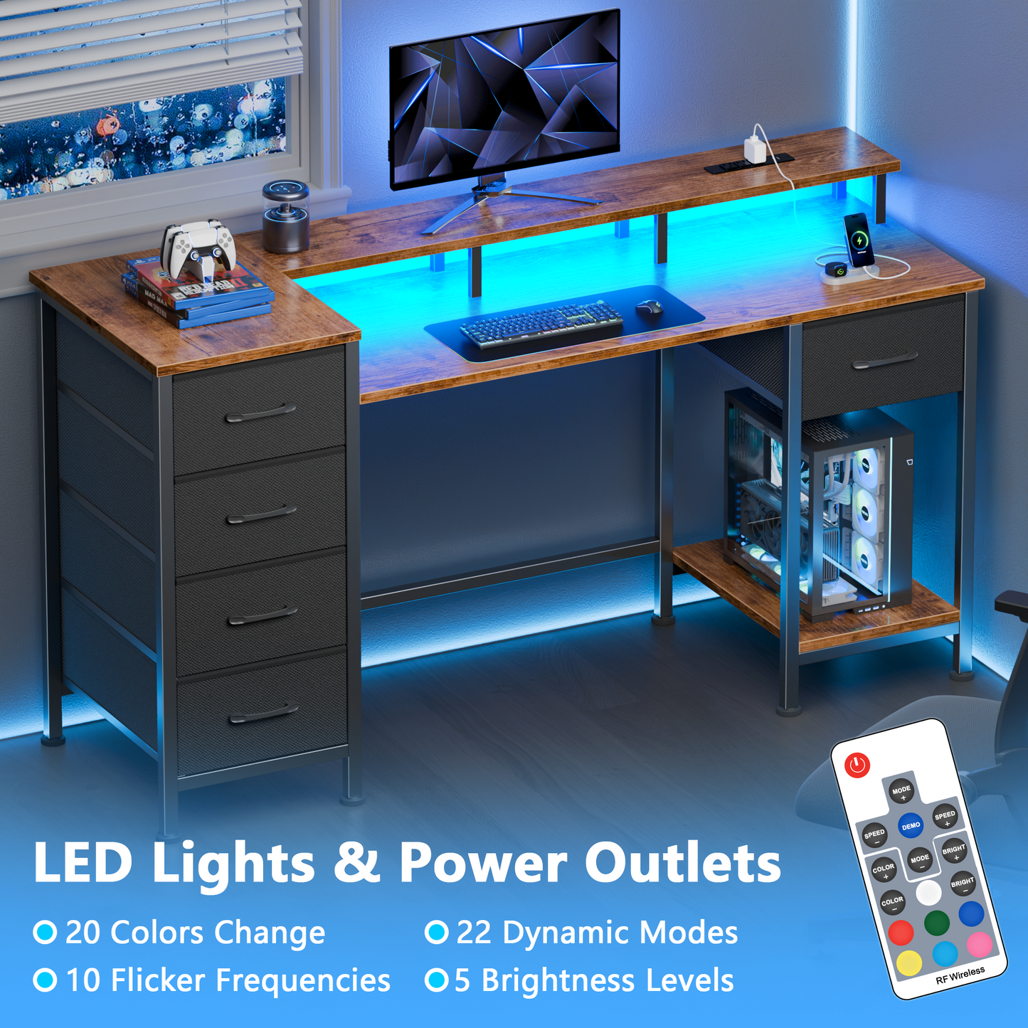 Satifur Gaming Desk with LED Lights & Power Outlets, 47" Computer Desk with 5 Fabric Drawers & Open Storage, Reversible Home Office Desk,Retro Brown