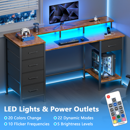 Satifur Gaming Desk with LED Lights & Power Outlets, 47" Computer Desk with 5 Fabric Drawers & Open Storage, Reversible Home Office Desk,Retro Brown