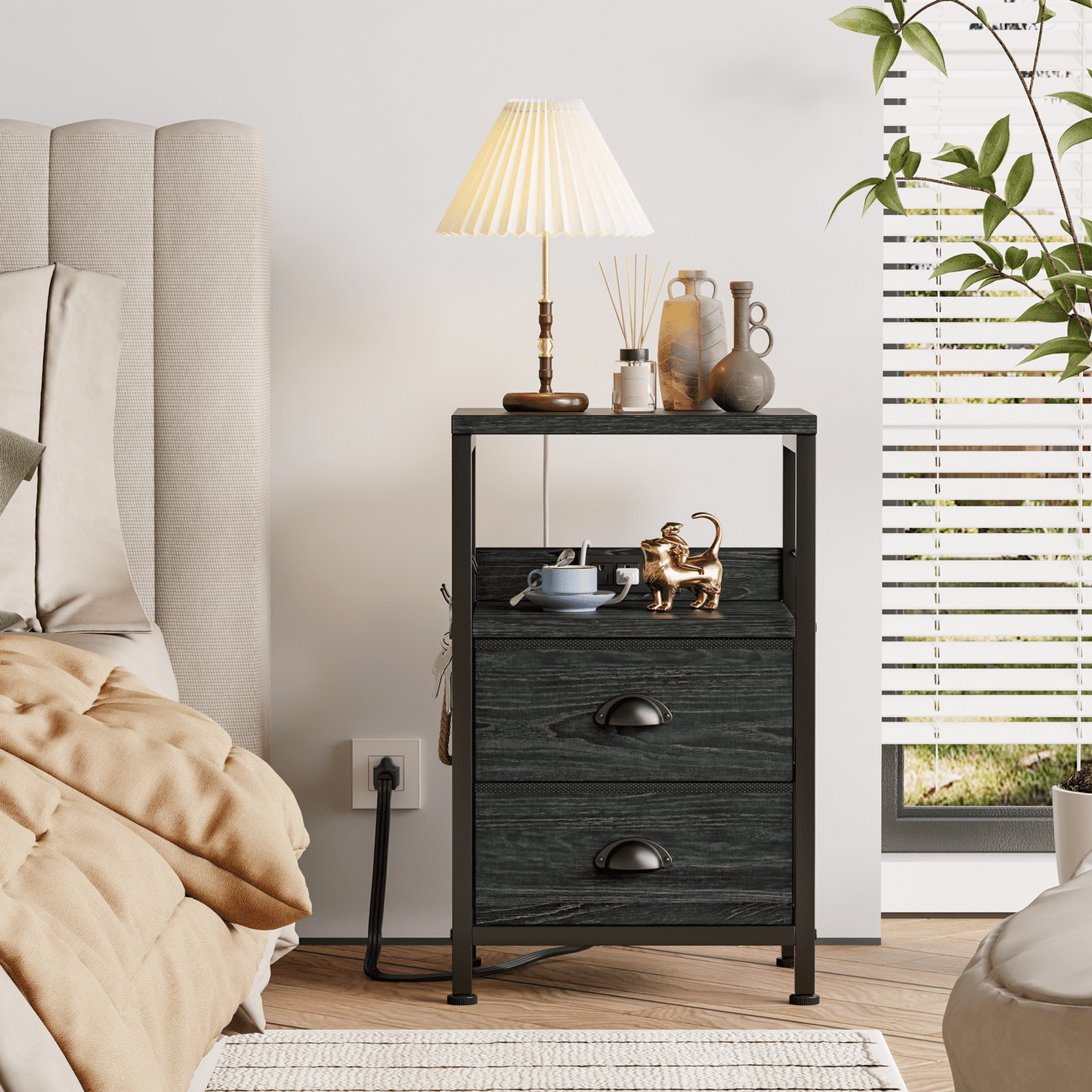 Satifur Nightstand with Charging Station, Set of 2 Bedside End Table with Fabric Drawers,Outlets & USB Ports,Black Oak