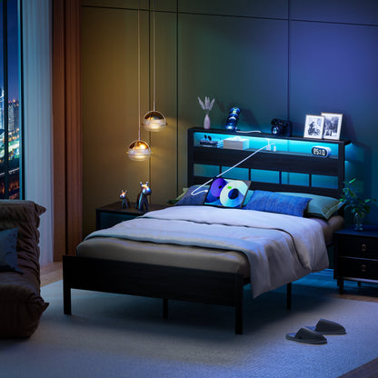 Satifur Full Size Bed Frame with Upholstered Storage Headboard and LED Light, Platform Bed with Metal Slats, Noise Free Design