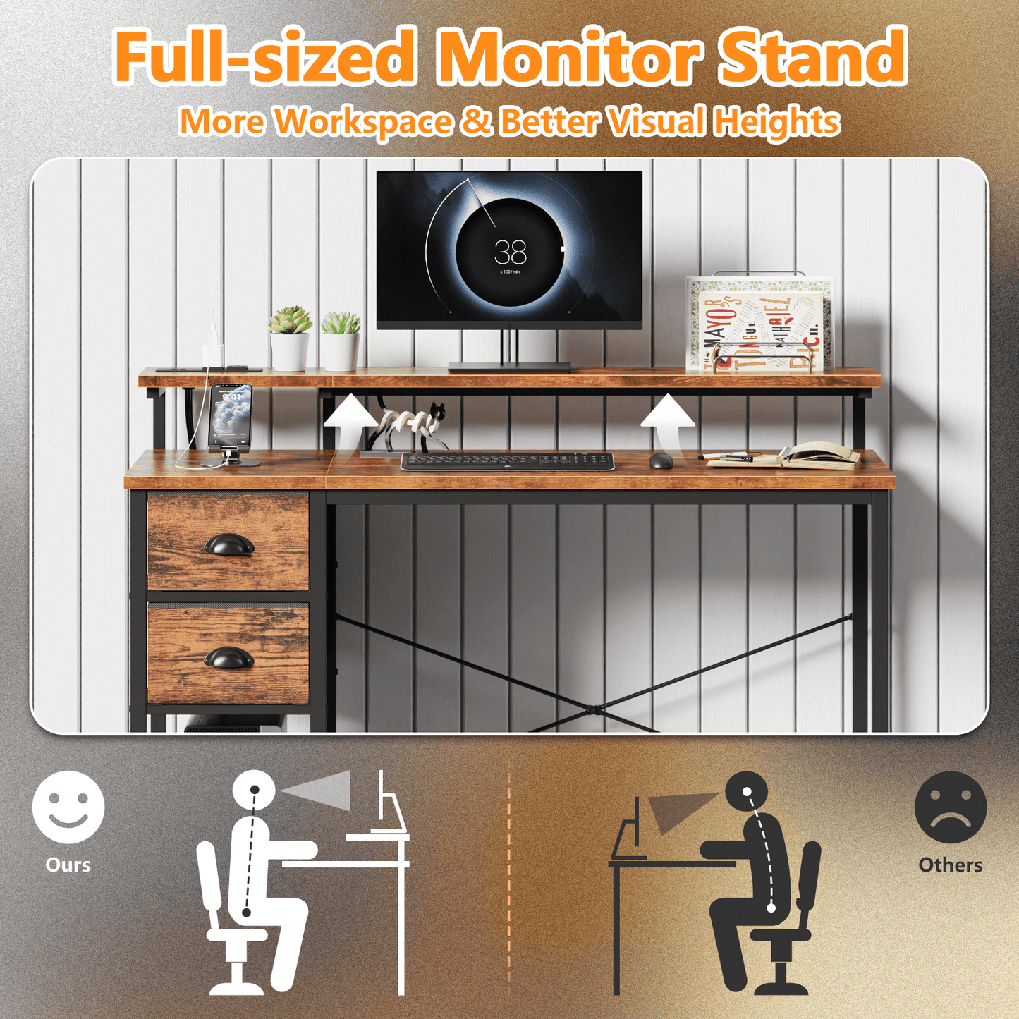Satifur Computer Desk with Power Outlets & LED Lights, Home Office Desk with 2 Drawers, LED Change Colors Standing Gaming Desk, Rustic Brown-1