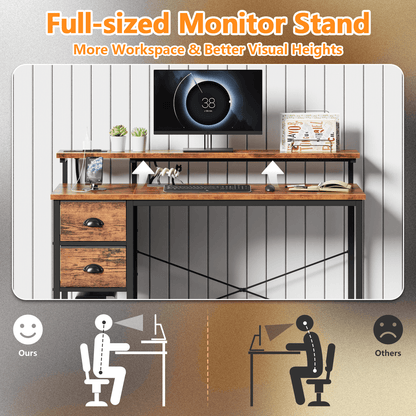 Satifur Computer Desk with Power Outlets & LED Lights, Home Office Desk with 2 Drawers, LED Change Colors Standing Gaming Desk, Rustic Brown-1