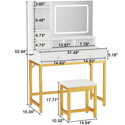 Tydimor Lighted Makeup Vanity Set, Women Dressing Table with Outlets, Vanity Desk with Drawers & Stool