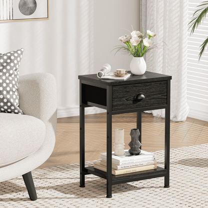Satifur Nightstand for Bedroom,3-Tier End Table with Drawer,Black Oak Finish