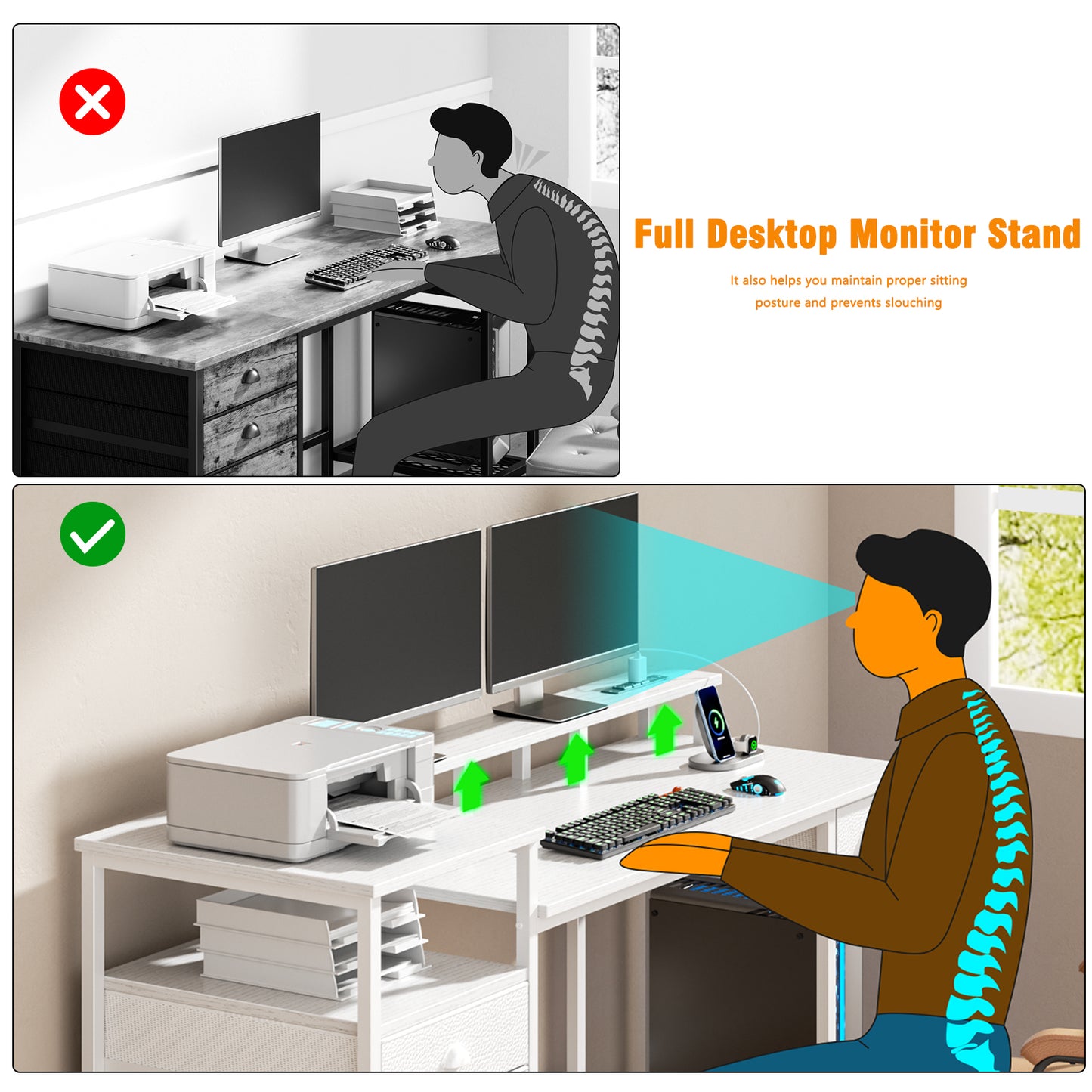 Satifur Computer Desk with 4 Drawers, 60 Inch Reversible Desk with Led Lights & Power Outlet, Home Office Desk with File Drawer & Monitor Stand, White