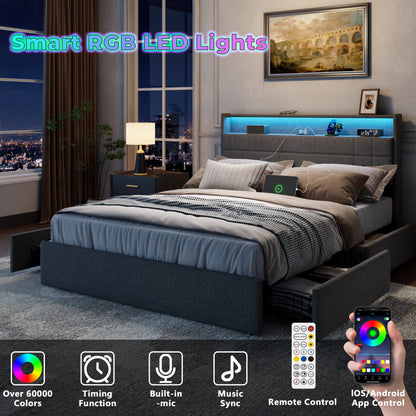 Tydimor Queen Bed Frame with Charging Station, Queen Upholstered Rivet Storage Headboard Platform Beds, Noise-Free, Easy Assembly, Dark Grey