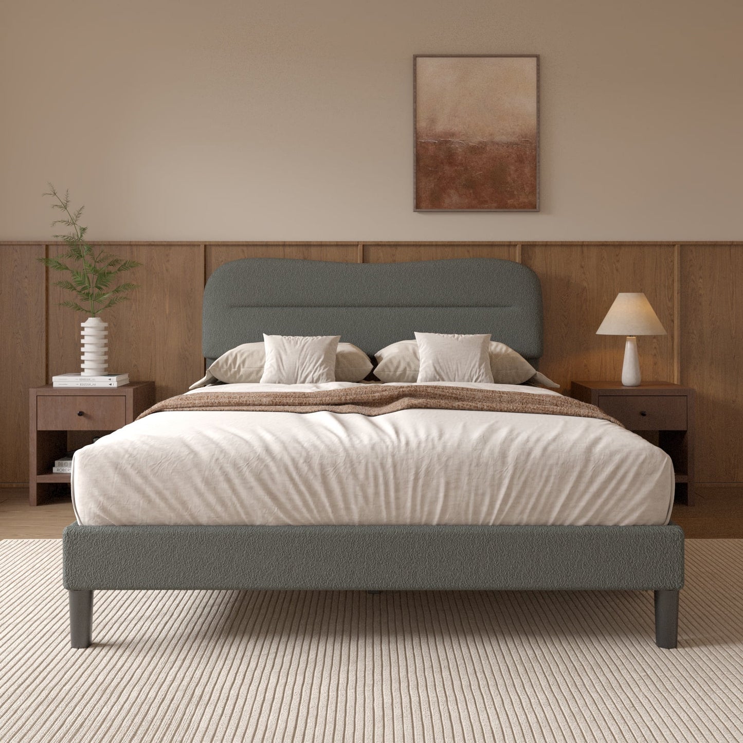 Tydimor Queen Bed Frame with Teddy Velvet Soft Curved Headboard, Platform Bed with Wooden Slats Support, Easy Assembly, Noise-Free, Dark Grey