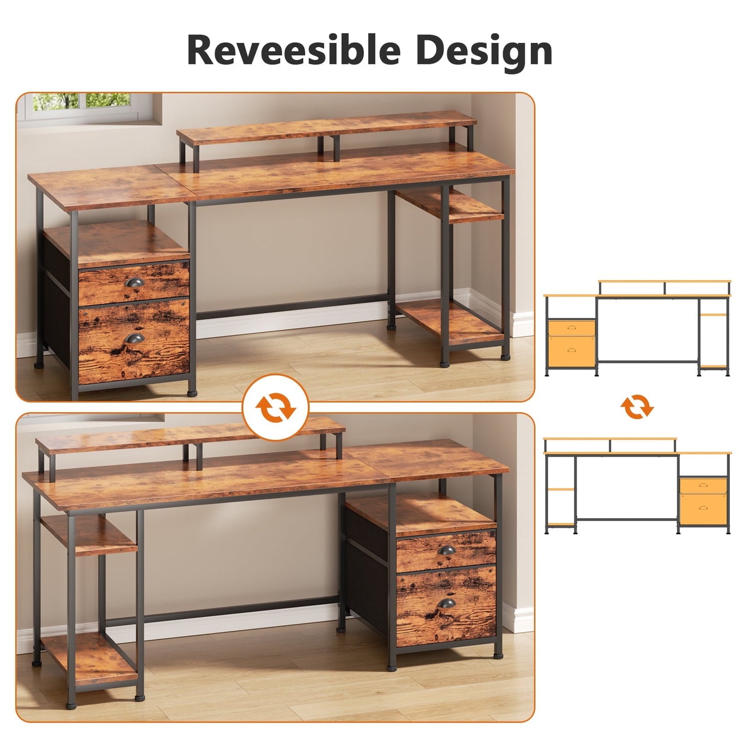 Hexmn Rustic Brown Ergonomic Computer Desk with Fabric Storage & Customizable Layout