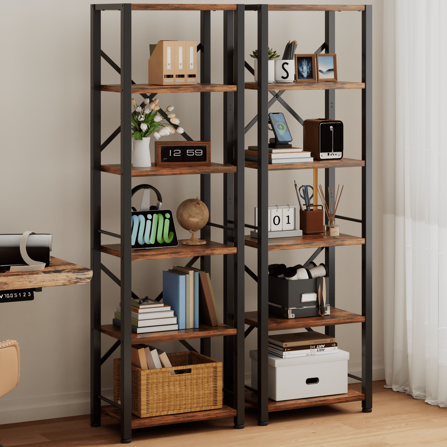 Satifur Bookshelf Bookcase Organizer with 6 Shelves for Living Room Bedroom Kitchen Garage,Rustic Brown