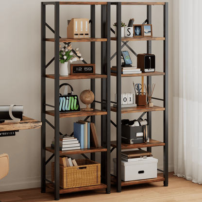 Satifur Bookshelf Bookcase Organizer with 6 Shelves for Living Room Bedroom Kitchen Garage,Rustic Brown