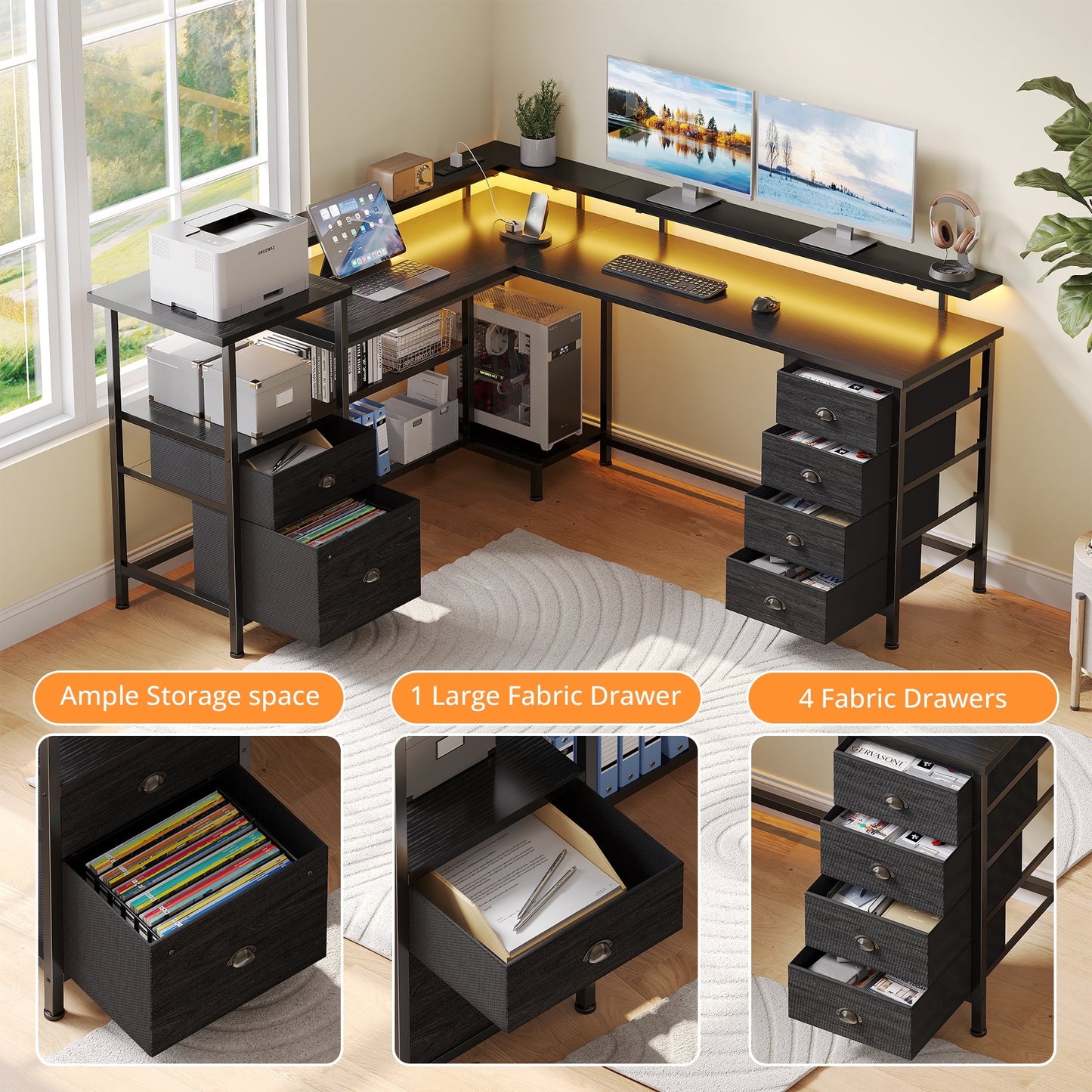Hexmn Black L Shaped Office Desk with Drawers Storage, Dual Monitor Computer Desk, Workstation Set for Office Living Room