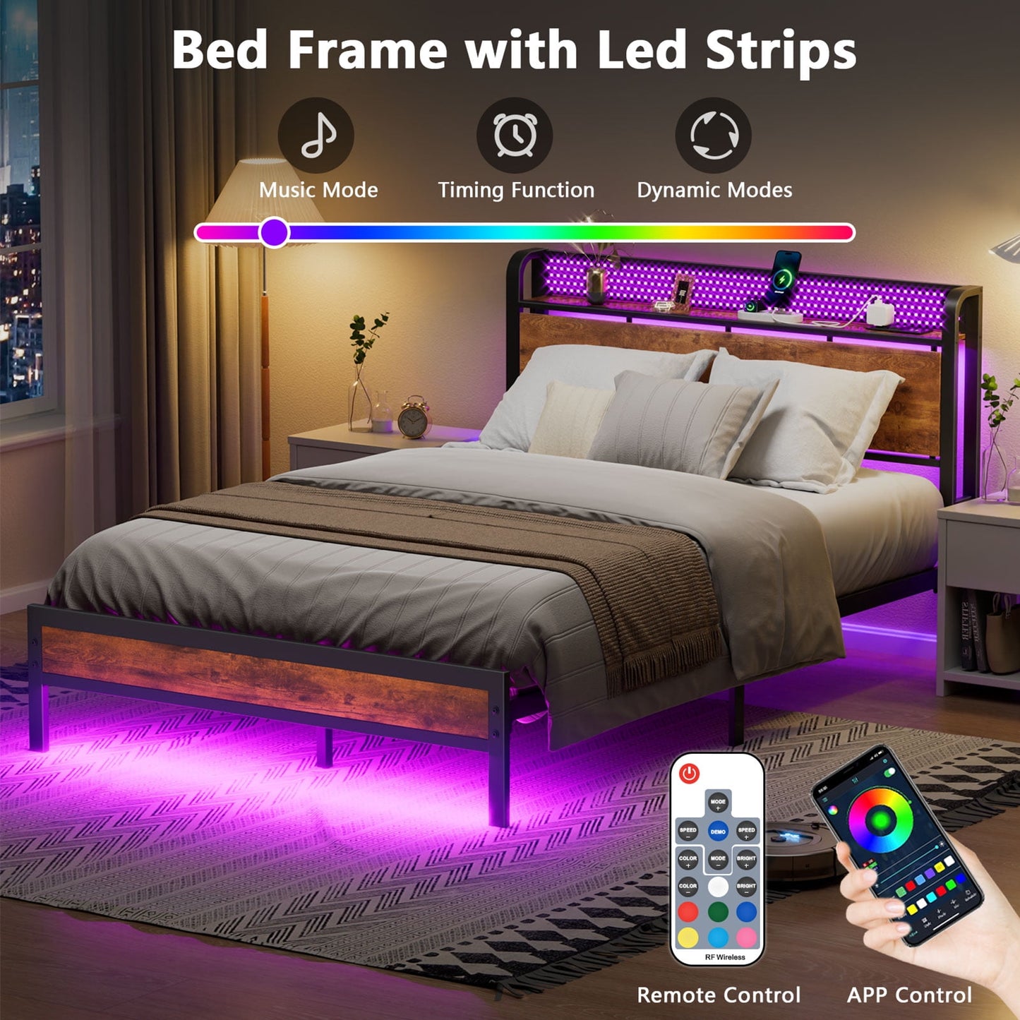 Satifur LED Bed Frame Full Size with 2 USB Ports and Outlets, Platform Metal Bed Frame£¬ No Box Spring Needed, Noise-Free