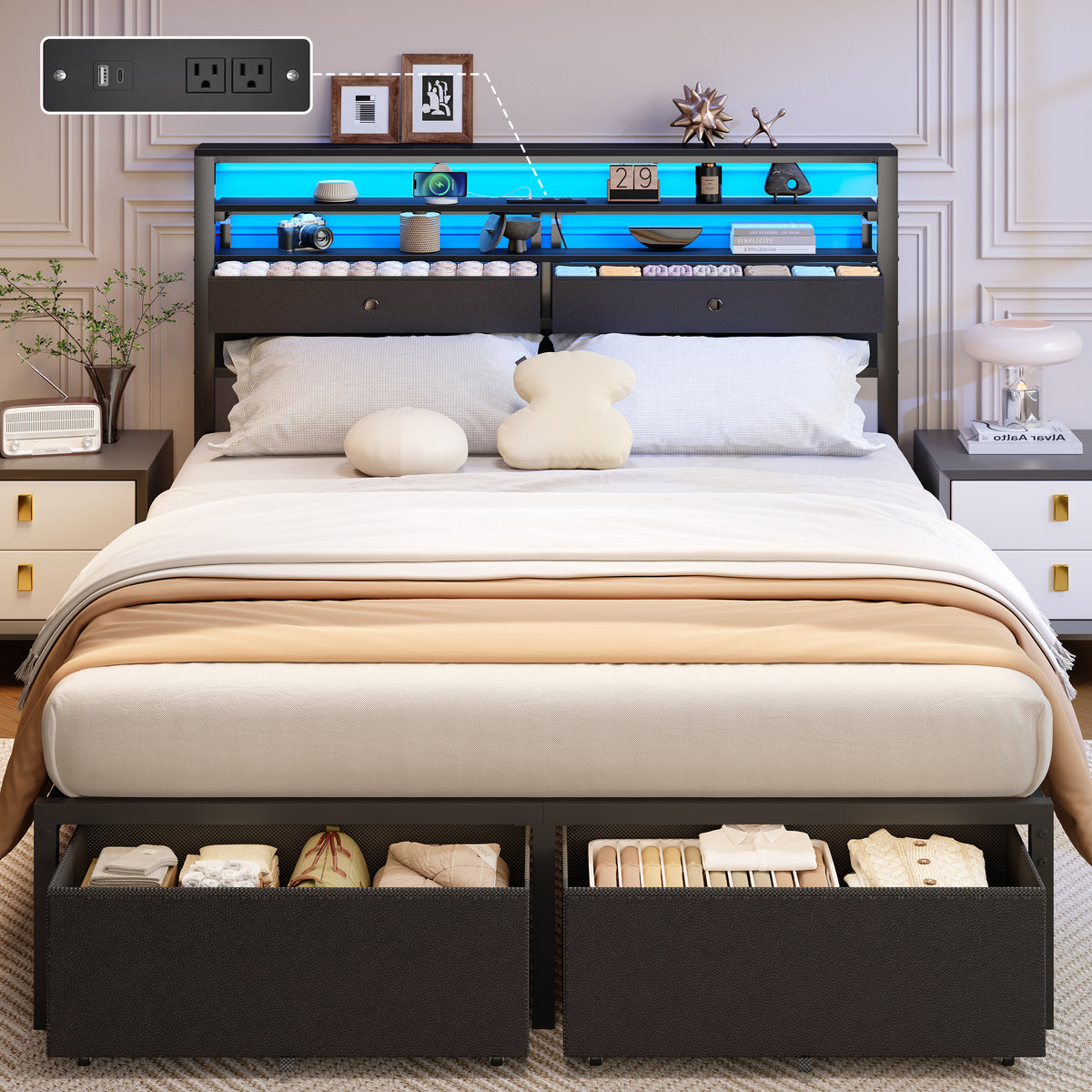 Satifur LED Queen Bed Frame with Storage Headboard and Drawers,Heavy Duty Platform Bed with Charging Station, No Box Spring Needed