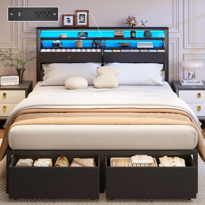 Satifur LED Queen Bed Frame with Storage Headboard and Drawers,Heavy Duty Platform Bed with Charging Station, No Box Spring Needed