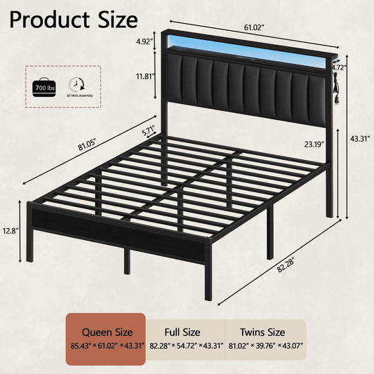Satifur Queen LED Bed Frame with Smart RGB Lights, Headboard Charging Station, Versatile Storage Solution, Comfortable Upholstered Backrest, No Box Spring Needed