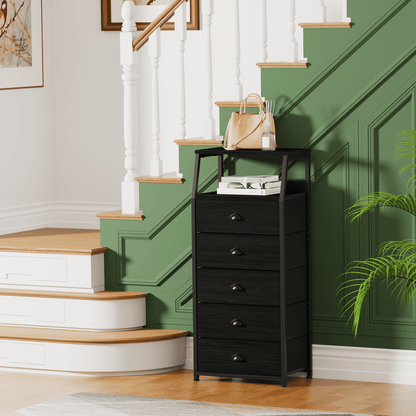 Satifur 5-Drawer Nightstand,Tall Fabric Dresser Storage End Table,Metal Frame,for All Age,Black Oak