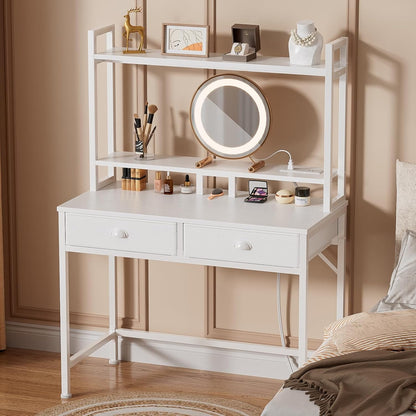 Satifur Small Computer Desk with Power Outlet & 2 Fabric Drawers, Gaming Desk with LED Light and Monitor Stand, Home Office Desk with Shelf and Hutch for Small Space, White-1