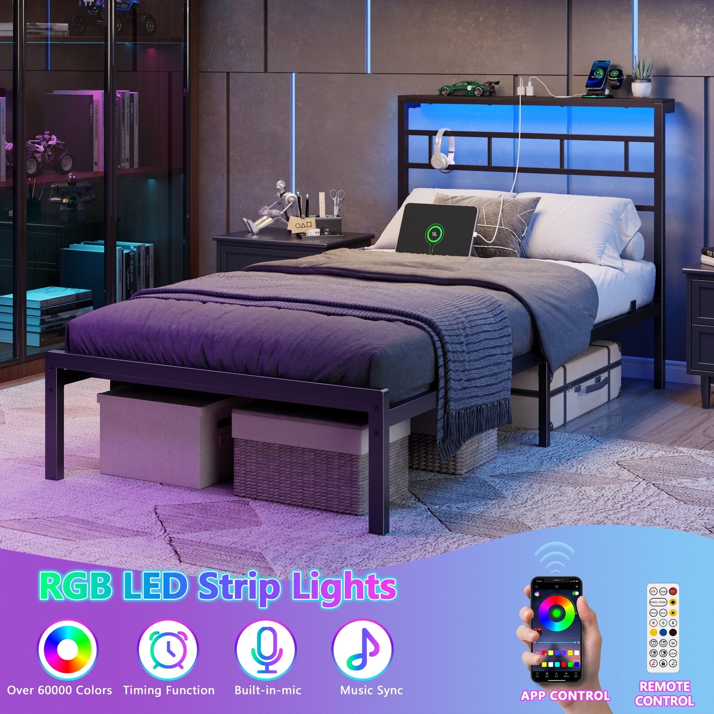 Tydimor Twin Size Bed Frame with LED Storage Headboard Shelf, 38.1" High Metal Platform Bed, Black