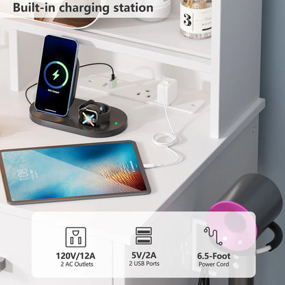 Tydimor Vanity Set with Sliding Mirror & Lights, Women Dressing Table with Outlets, Makeup Vanity Desk with Drawers & Stool