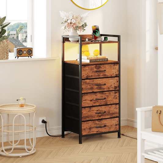 TYDIMOR Tall Dresser for Bedroom, 5 Drawer with Charging Station, Black, Ideal for Adults