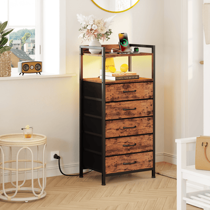 Hexmn Tall Dresser for Bedroom, 5 Drawer with Charging Station, Black, Ideal for Adults