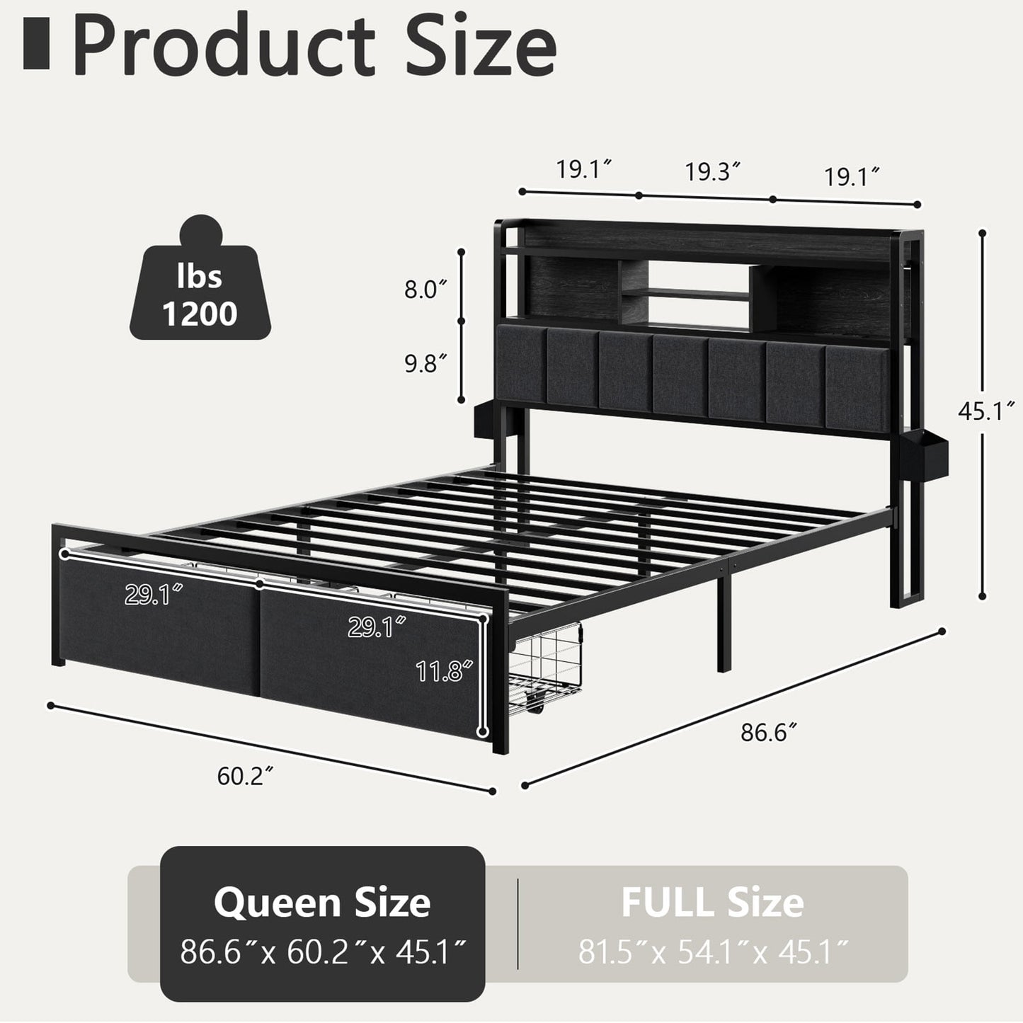 Satifur Queen Size Bed Frame with High LED Storage Headboard Shelf, Metal Bed Platform, Black