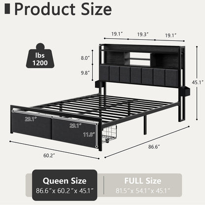 Satifur Queen Size Bed Frame with High LED Storage Headboard Shelf, Metal Bed Platform, Black