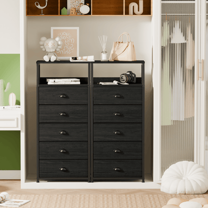 Satifur 5-Drawer Nightstand,Tall Fabric Dresser Storage End Table,Metal Frame,for All Age,Black Oak