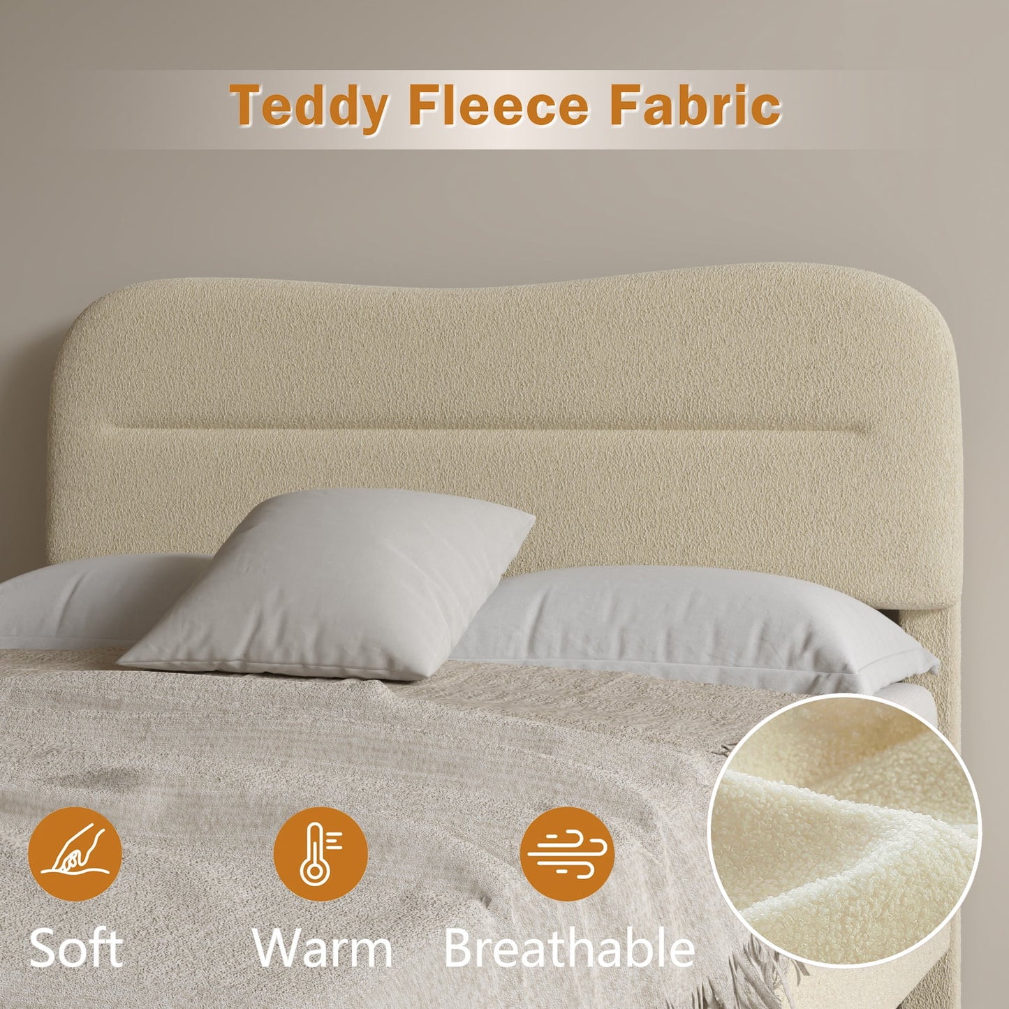 Tydimor Full Bed Frame with Teddy Velvet Soft Curved Headboard, Platform Bed with Wooden Slats Support, Easy Assembly, Noise-Free, Beige