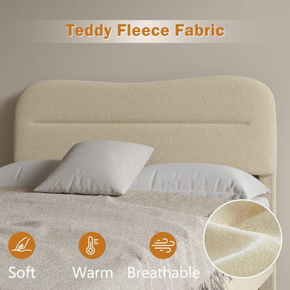 Tydimor Full Bed Frame with Teddy Velvet Soft Curved Headboard, Platform Bed with Wooden Slats Support, Easy Assembly, Noise-Free, Beige