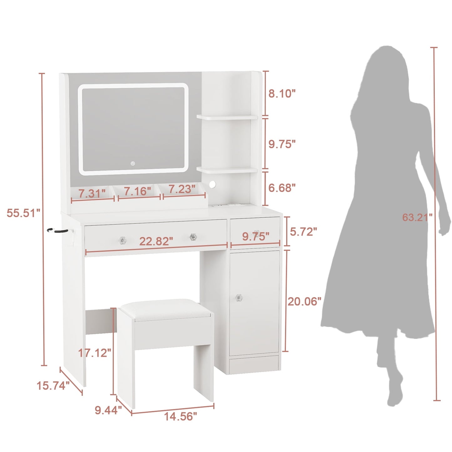 Hexmn women dressing Vanity Set with storage drawers & cabinet, LED Makeup tables with charging station, square mirror for bedroom
