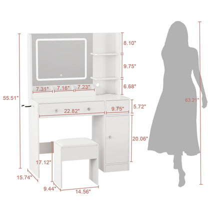 Hexmn women dressing Vanity Set with storage drawers & cabinet, LED Makeup tables with charging station, square mirror for bedroom