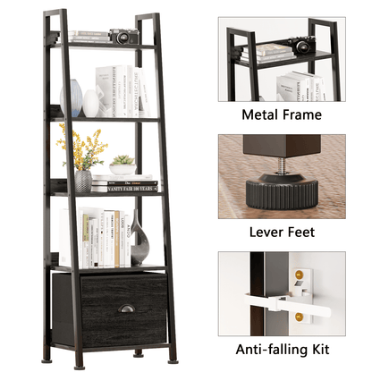 Tydimor 5-Tier Ladder Bookshelf With Drawer, Leaning Bookcase Storage Display Shelf, Black Oak