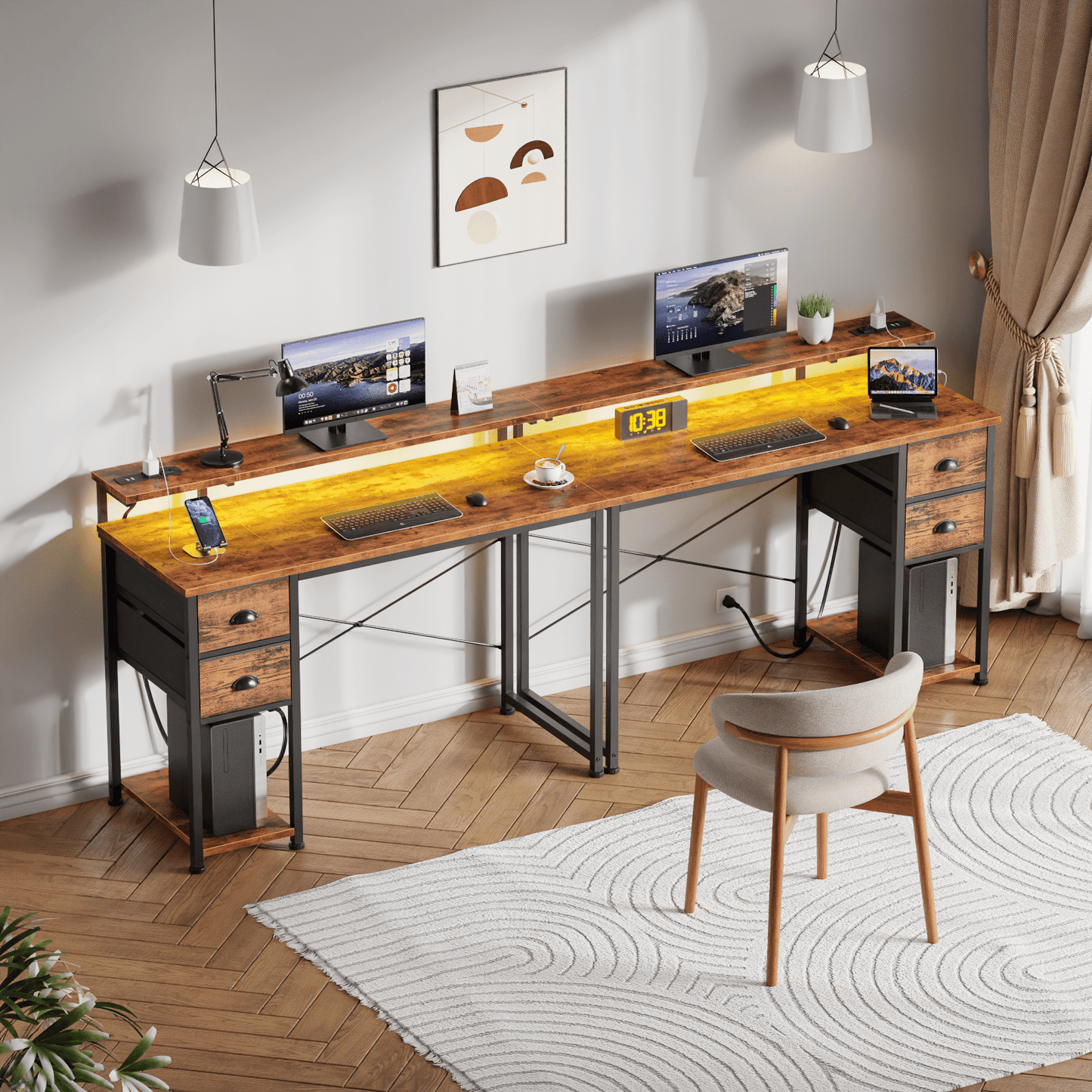 Hexmn Computer Desk with Drawers & USB for Small Area, LED Change Colors Standing Gaming Desk with Monitor Stand for Writing