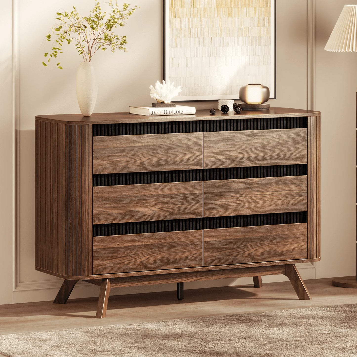 Satifur 47.2″ Wide 6-Drawer Wood Dresser, for Bedroom Storage & as TV Stand, American Walnut