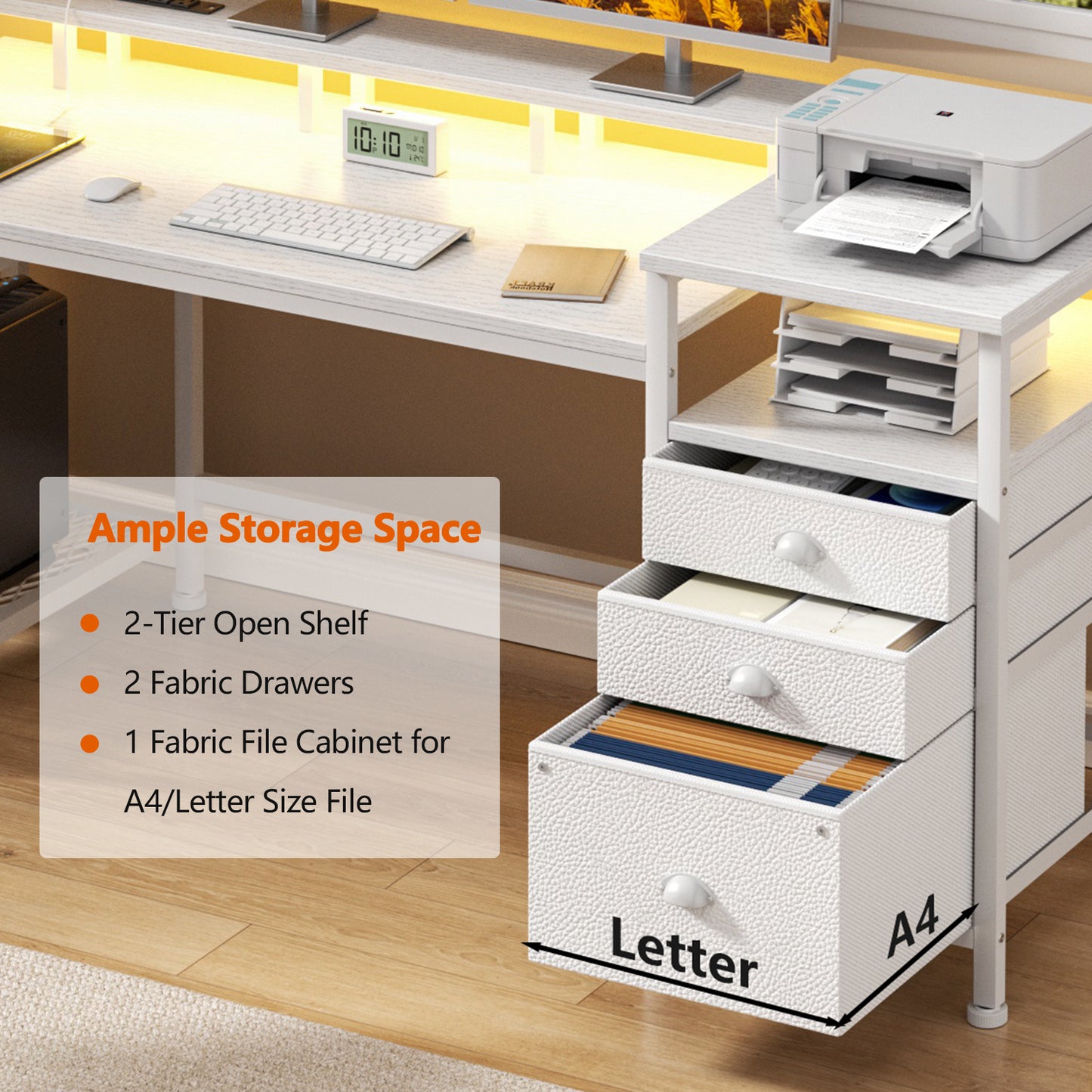 Satifur Computer Desk with 4 Drawers, 60 Inch Reversible Desk with Led Lights & Power Outlet, Home Office Desk with File Drawer & Monitor Stand, White