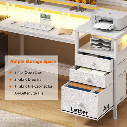 Satifur Computer Desk with 4 Drawers, 60 Inch Reversible Desk with Led Lights & Power Outlet, Home Office Desk with File Drawer & Monitor Stand, White