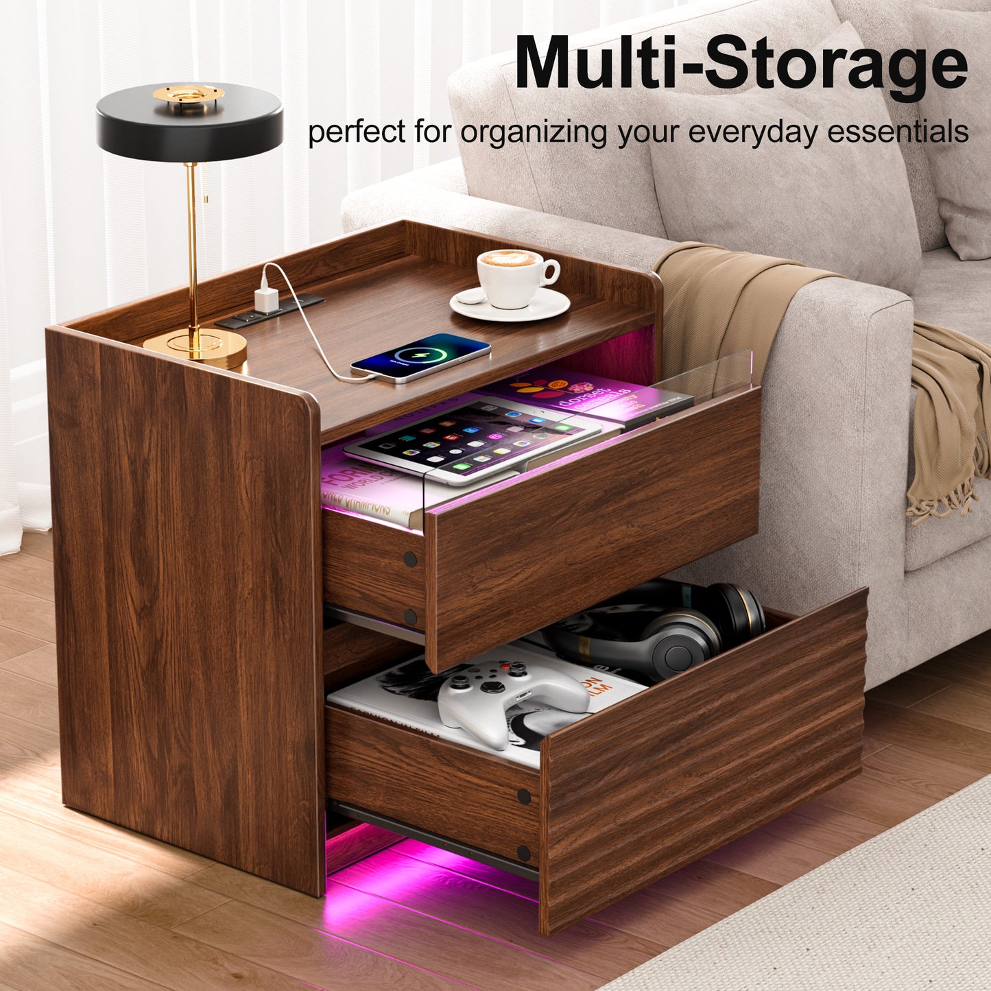 Satifur Nightstand with Charging Station & LED Lights, Smart Wooden Bedside Table with 2 Drawers, Fluted End Table, Walnut, Set of 2