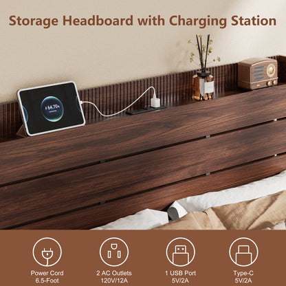 Satifur Queen Size Bed Frame with Storage Headboard & Charging Station, Wooden Platform Bed with 2 Large Storage Drawers, Heavy Duty Slats Support, No Box Spring Needed, American Walnut