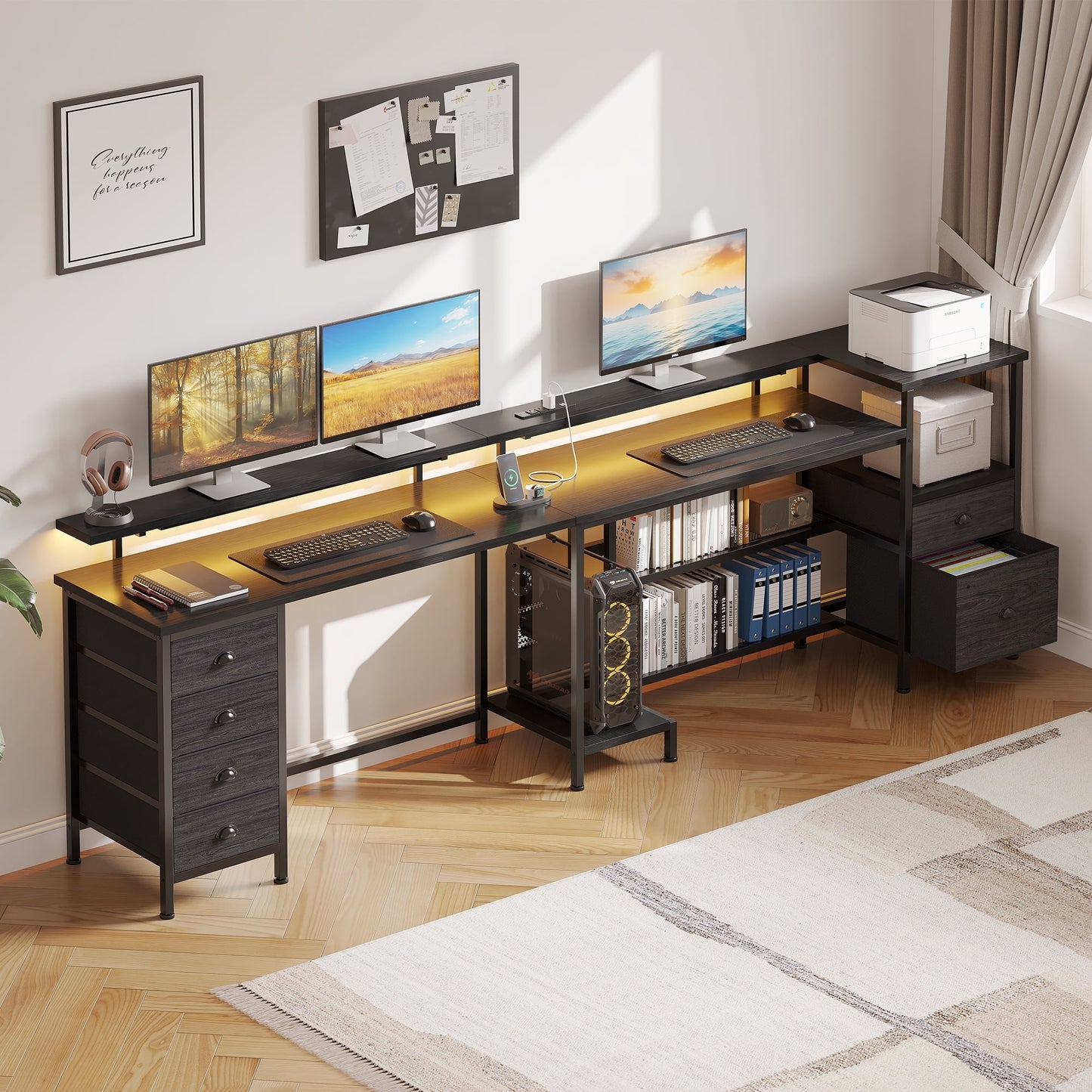 Hexmn Black L Shaped Office Desk with Drawers Storage, Dual Monitor Computer Desk, Workstation Set for Office Living Room