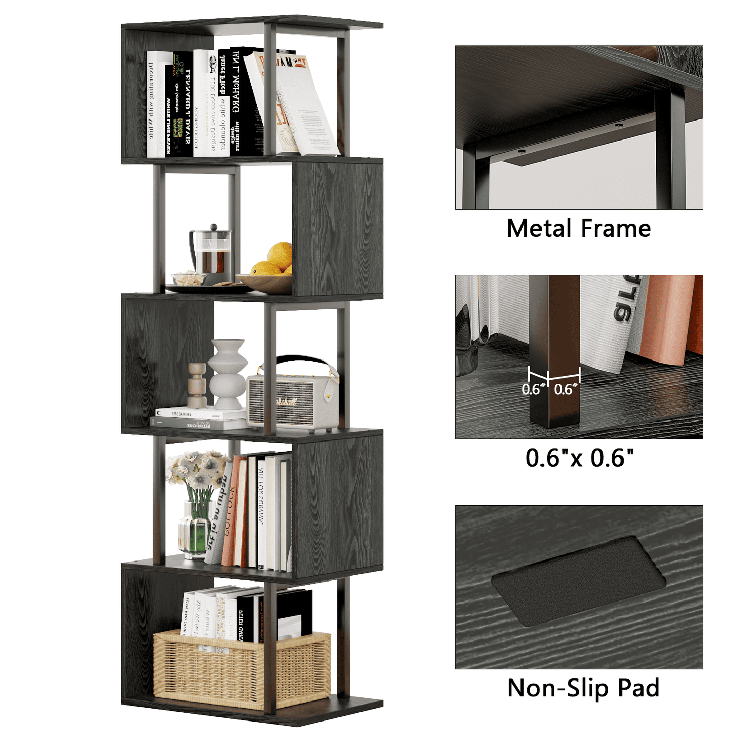 Satifur 5-Tier S-Shaped Geometric Bookcase, Industrial Freestanding Storage Shelving Unit,Black