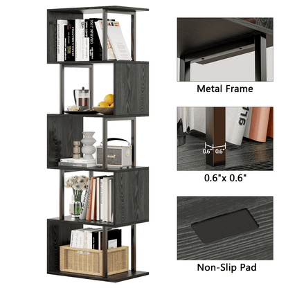 Satifur 5-Tier S-Shaped Geometric Bookcase, Industrial Freestanding Storage Shelving Unit,Black