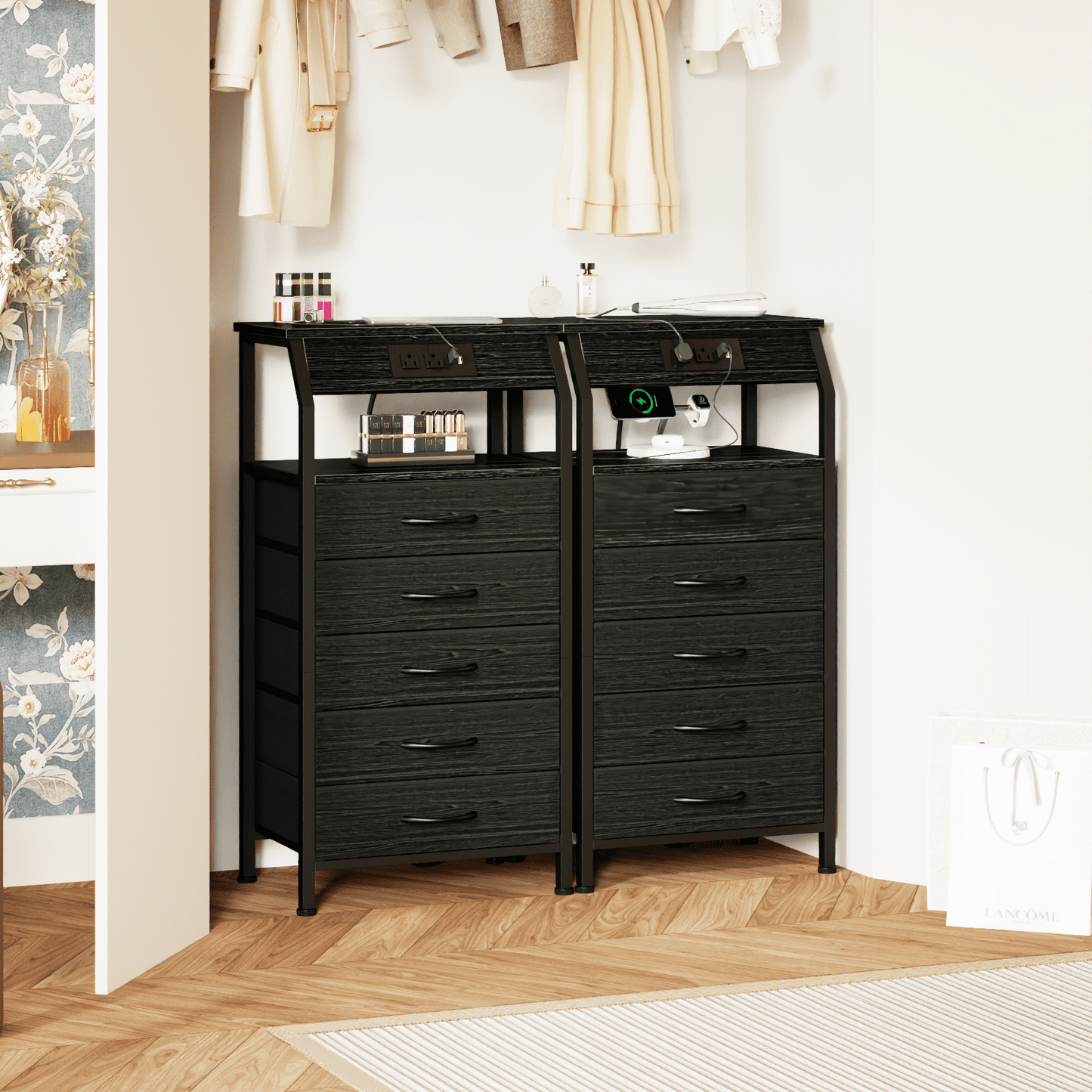 TYDIMOR Tall Dresser for Bedroom, 5 Drawer with Charging Station, Black, Ideal for Adults