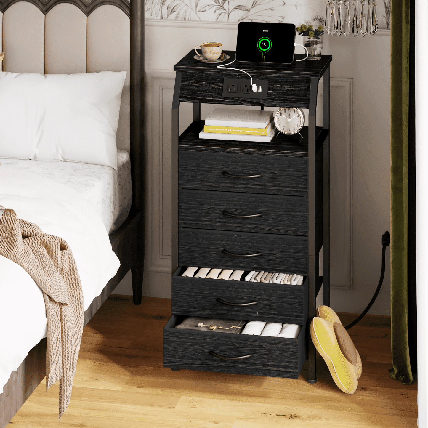 TYDIMOR Tall Dresser for Bedroom, 5 Drawer with Charging Station, Black, Ideal for Adults