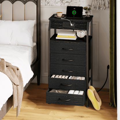 TYDIMOR Tall Dresser for Bedroom, 5 Drawer with Charging Station, Black, Ideal for Adults