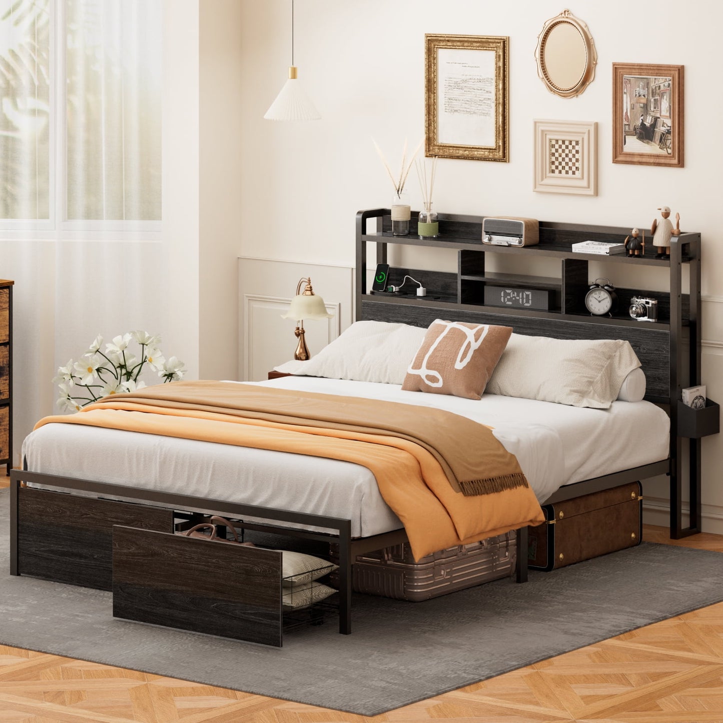 Hexmn Queen Size LED Metal Bed Frame Built-In Charging, Platforrm Storage Bed Frames Under-bed Storage and Noise Free Design