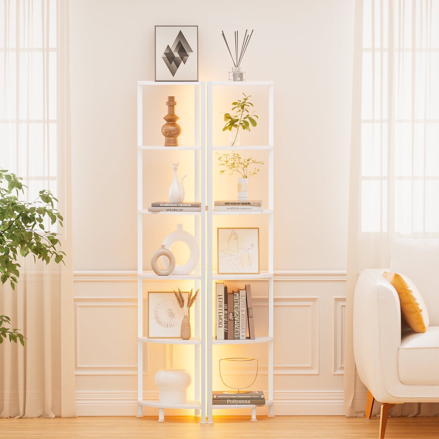 Satifur Corner Shelf Bookcase with LED Light Strip, 6-Tier Corner Bookshelf for Living Room,Bedroom,White