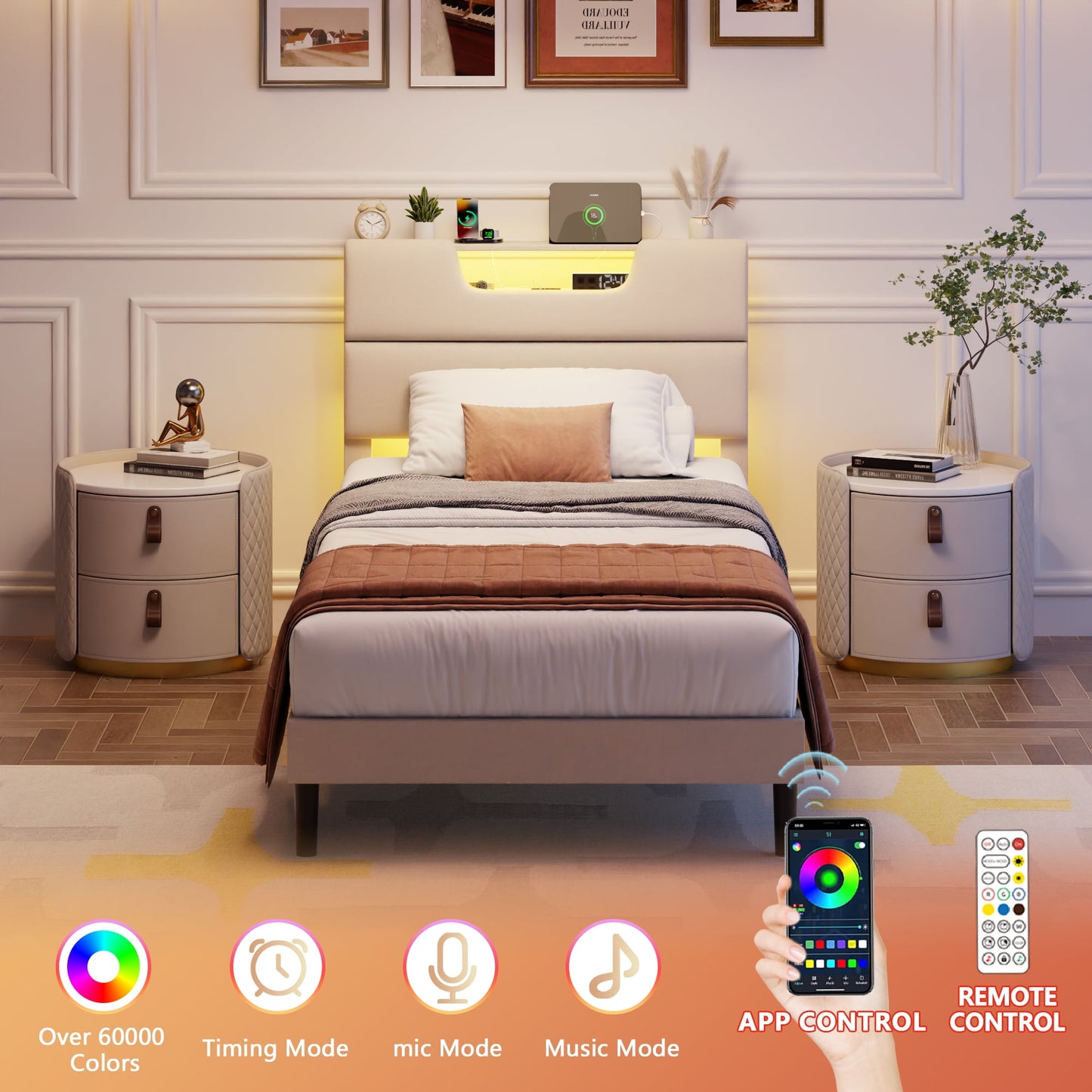Tydimor Beige Fine Linen Fabric Bed Frame with Upholstered Headboard & Charge Station, Twin Size Bed Frame with LED Lights, No Box Spring Needed