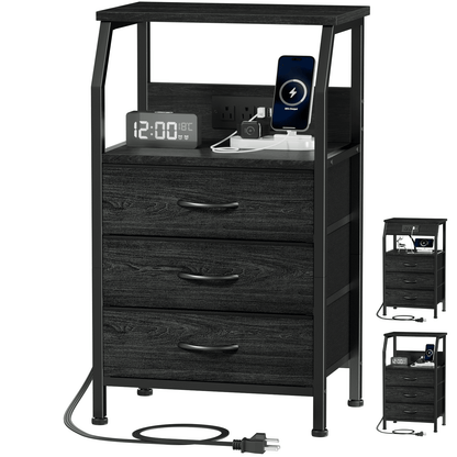 TYDIMOR Nightstand Bedside Table with Charger Station, 3 Drawer Dresser for Bedroom, Black, Adult