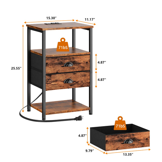 Satifur Side Table with Light, Charging Station, Rustic Brown Nighstand for Bedroom, Living Room